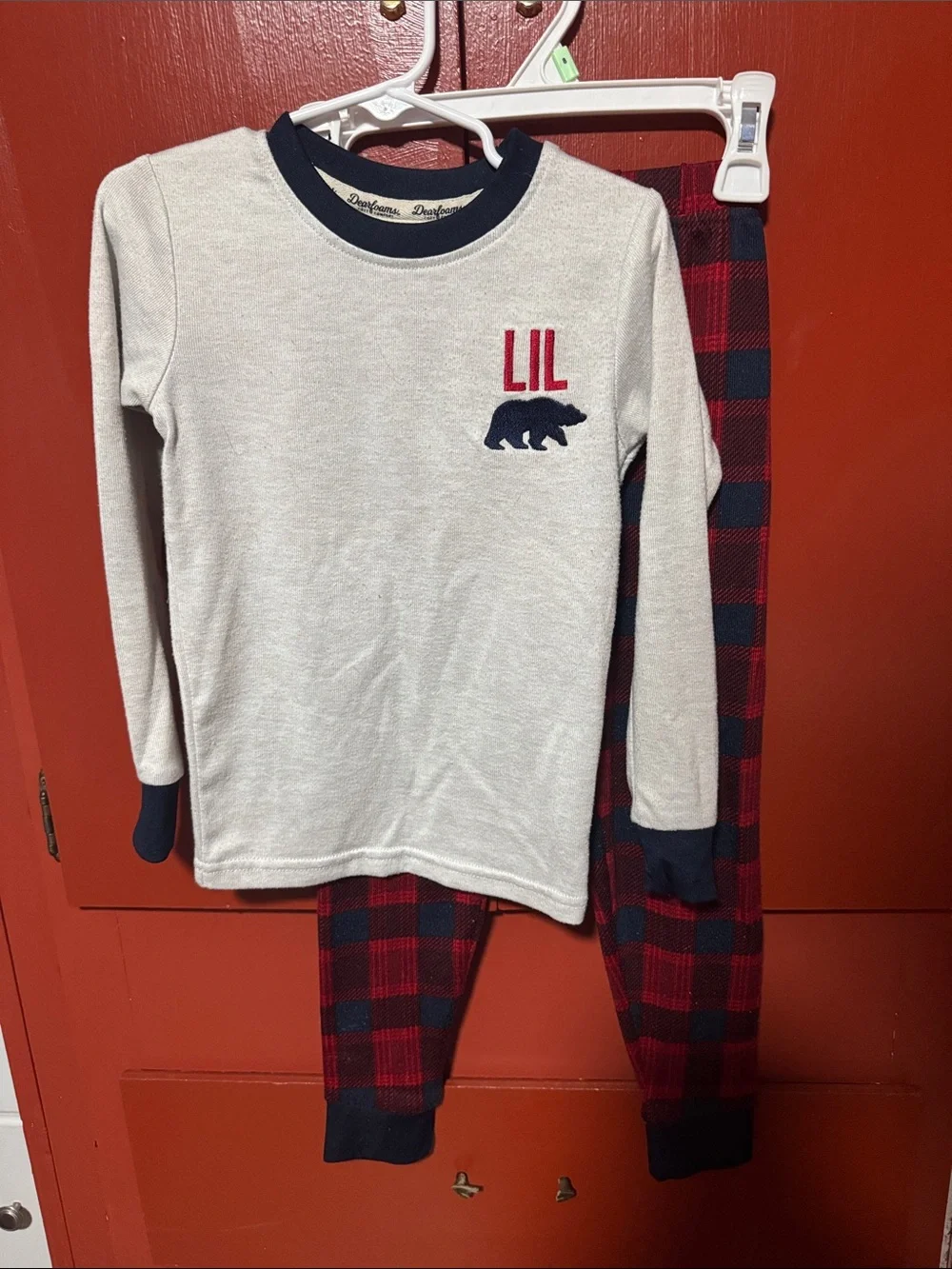 dearfoams Cream Top with Red & Navy Plaid Kids Pajama Set